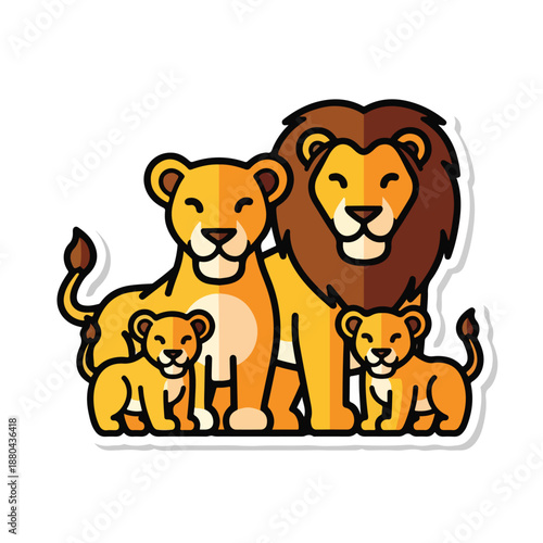 A cartoon lion family with two cubs and their parents
