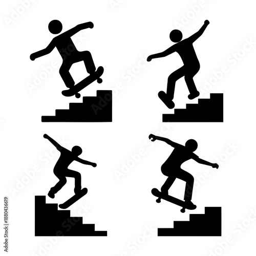 Skateboarder silhouettes performing dynamic tricks down a flight of stairs, showcasing urban sport