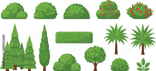 Flat Vector Set of Garden Plants and Landscaping Elements Featuring Green Shrubs Flowering Bushes Trimmed Hedges Palm Trees and Pine Trees for Backyard Design