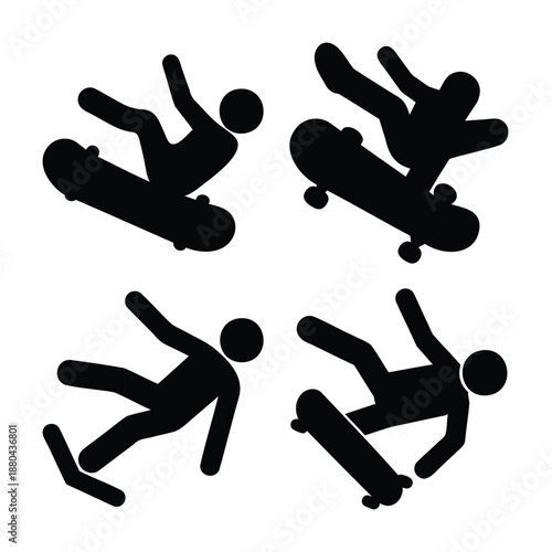 Skateboarder action icon set demonstrating various dynamic moves and falls on a board