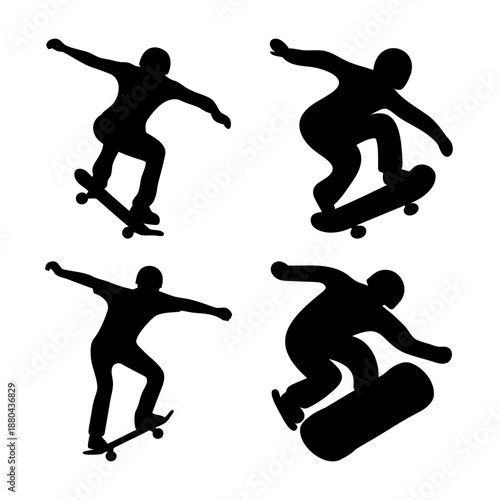Dynamic skateboarder silhouettes showcasing various tricks and movements in extreme sports