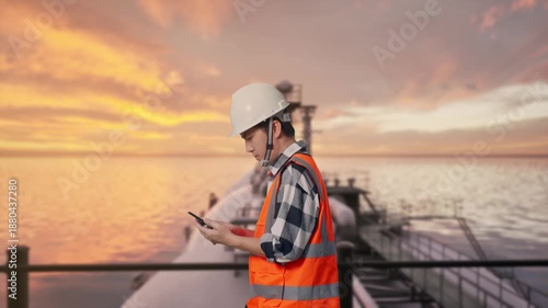 Side View of Asian Male Engineer Use Smartphone While Walking at the Deck of a Large LNG Tanker or Offshore Energy Platform at Sunset