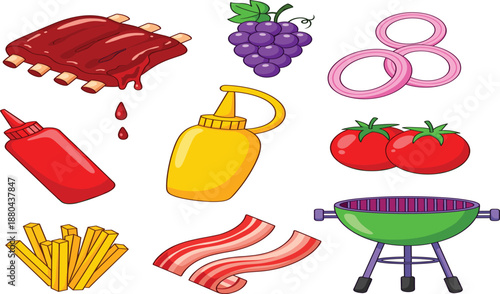 Title: Barbecue and Picnic Food Icon Set with Grilled Ribs, Bacon, French Fries, Condiments, Grapes, Onions, Tomatoes, and BBQ Grill for Menu Design