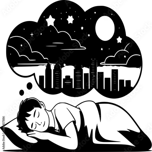 Dreamscape: A young person dreams of a cityscape under a starlit night sky, showcasing imagination and aspiration.
