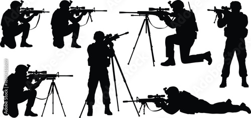 Military sniper silhouettes, tactical soldiers, combat positions, armed forces, special operations, rifles, surveillance, defense, security, isolated vector illustration, white background