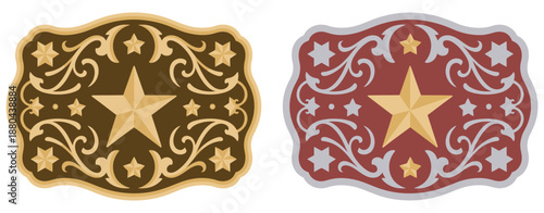 Sheriff star badge rodeo cowboy belt buckle, western cowboy style, Texas star emblem, decorative frame vector, rodeo event illustration, Wild West design, cowboy graphics
