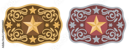 Sheriff star badge rodeo cowboy belt buckle, Wild West style, Texas five-point star, decorative frame, vector illustration, rodeo event, western graphics, cowboy design