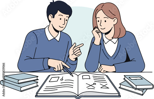 Diligent young students engaged in collaborative learning, discussing an academic project and sharing knowledge, symbolizing teamwork, educational success, and mutual understanding