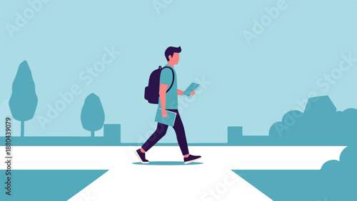 Illustration of a young student walking across a street with a backpack and tablet, representing education and modern learning