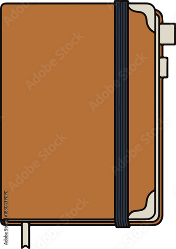 Minimalist brown notebook illustration featuring an elastic band and page marker. A clean vector graphic perfect for journaling, planning, and note-taking projects