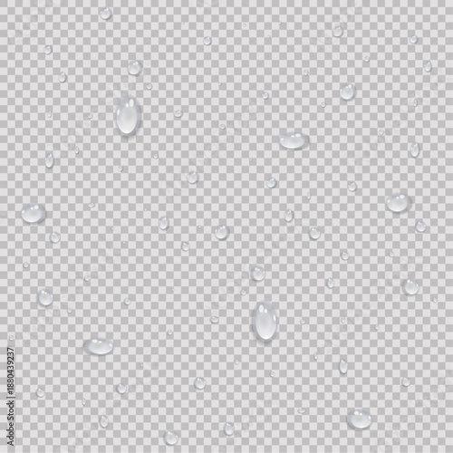 Realistic clear water droplets and condensation on alpha background, Vector water drops set, pure liquid bubbles, rain drops on glass texture