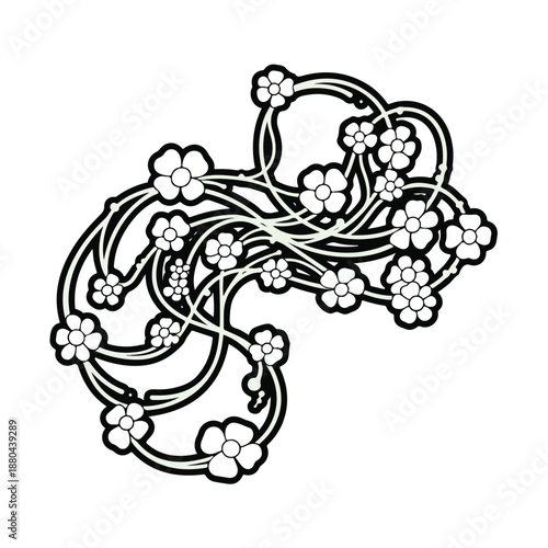 A black and white floral design intertwines with curved lines