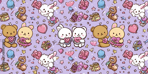 Adorable cartoon animals holding hearts and gifts on purple background