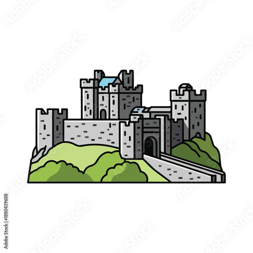 A cartoon castle on a green hill