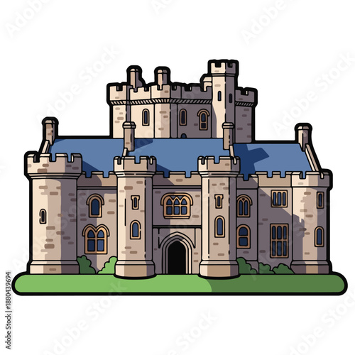 A cartoon castle with towers and blue roof on green grass