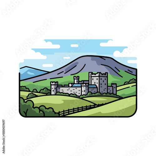 A cartoon castle on a green hill (1)