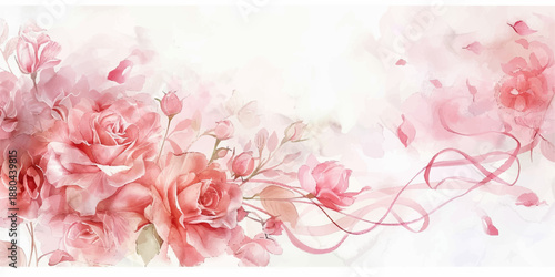 Soft and romantic watercolor painting of pink roses with subtle green leaves and scattered petals on a light background.