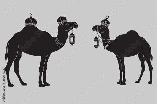 Elegant Camel Silhouettes with Ramadan Lanterns, Islamic Festive Art and Illustration
