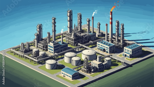 Industrial Chemical Plant with Towers and Tanks.