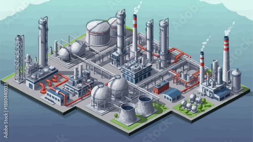Industrial Chemical Plant Complex with Smokestacks and Tanks.