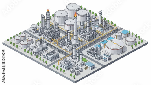 Industrial Oil Refinery Complex Isometric View.