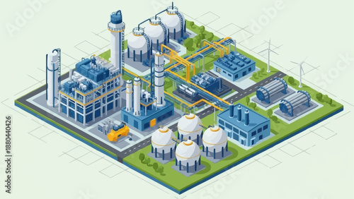 Modern Industrial Factory Complex with Storage Tanks and Wind Turbines.