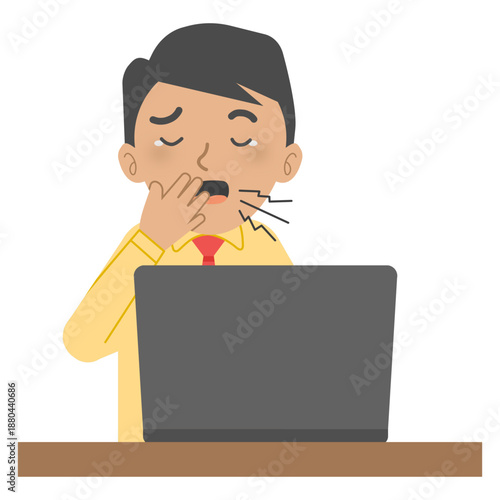 Vector illustration of a man (male employee) yawning while working on laptiop
