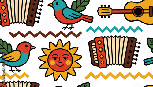 Vibrant music and nature pattern with birds, sun, guitar, and accordion