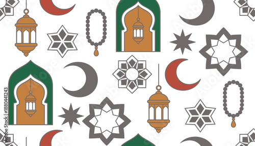 Vibrant Islamic geometric pattern with lanterns and crescent moons
