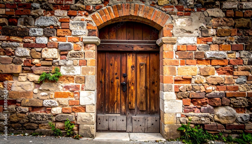 Fototapeta premium A wooden door set within a rustic stone wall
