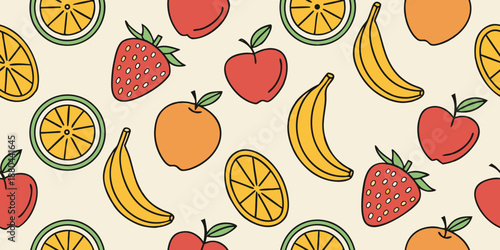 Seamless Cartoon Fruit Pattern for Casual Apparel, Bright Flat Vector Illustration, Playful Food Background Texture