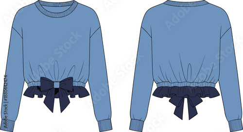 Fashion flat sketch of blue long-sleeve blouse with gathered waist, ruffle trim, center bow, front and back view for garment design