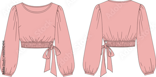 Elegant pink ruched crop top with voluminous sleeves, bow-tied waistband, and gathered cuffs – front and back fashion illustration for garment design and pattern making.