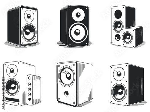 Monitor speakers illustration series, studio audio equipment vector, music production gear, sound system illustration, professional monitor speakers, flat design, editable, isolated, line art