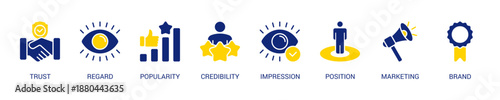 Reputation Management Solid Blue Yellow Color Icon Set For Web Banner. Vector Illustration Concept With Some Icons. Designed In Line Color Style