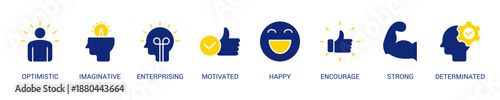 Think Positive Solid Blue Yellow Color Icon Set For Web Banner. Vector Illustration Concept With Some Icons. Designed In Line Color Style