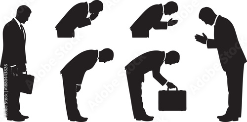 Black Solid Businessman Bowing Silhouettes Set of Six on White Background