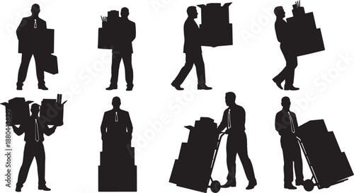 Black Solid Businessman Moving Silhouettes Set of Six on White Background