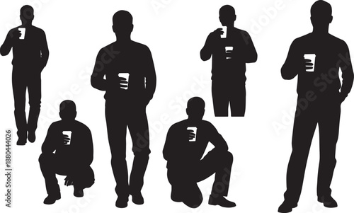 Black Solid Businessman Coffee Break Silhouettes Set of Six on White Background