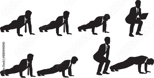 Black Solid Businessman Exercise Silhouettes Set of Six on White Background