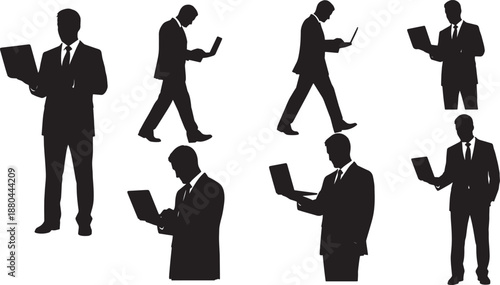 Black Solid Businessman with Laptop Silhouettes Set of Six on White Background