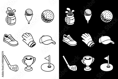 Golf bag, ball, tee, club, glove, shoes, cap, trophy flag icon set. Golf sport elements pack. Golf equipment tools illustration.
