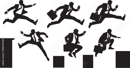 Black Solid Businessman Leap Silhouettes Set of Six on White Background