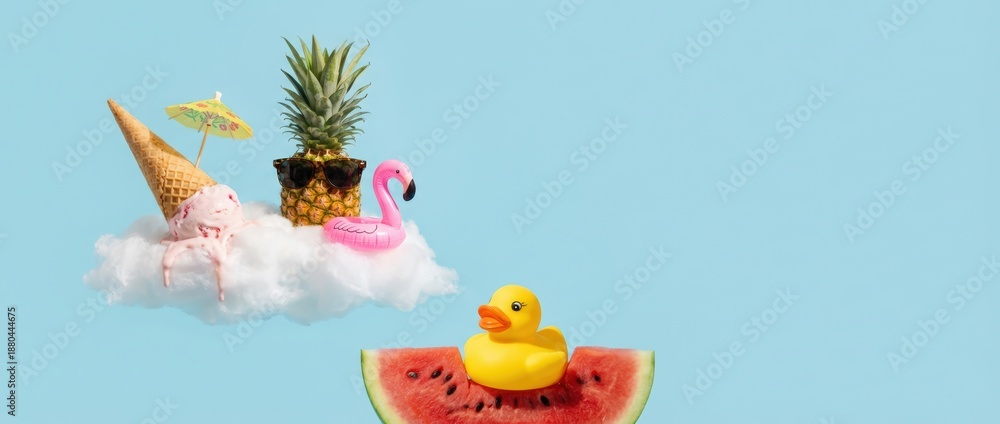 Fototapeta premium Summer fun activities featuring colorful pool floats fruits and ice cream vibrant beach environment whimsical perspective celebrating leisure and joy