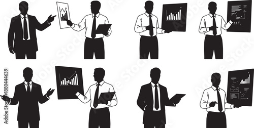 Black Solid Presentation Business Man Silhouettes Set of Six on White Background