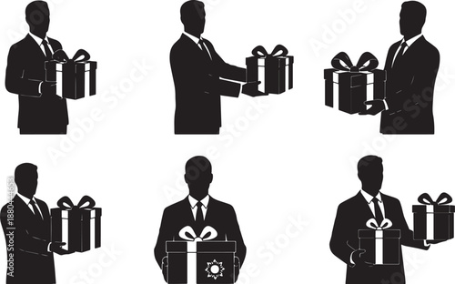 Black Solid Desperate Business Man Silhouettes Set of Six on White Background