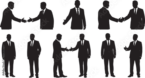 Black Solid Business Handshake Silhouettes Set of Six on White Plane Background