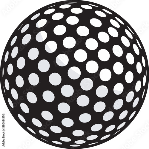 Premium black and white golf ball vector icon with high-contrast dimple texture. Ideal for professional sports branding, tournament logos, and country club graphics. Clean, scalable flat design.
