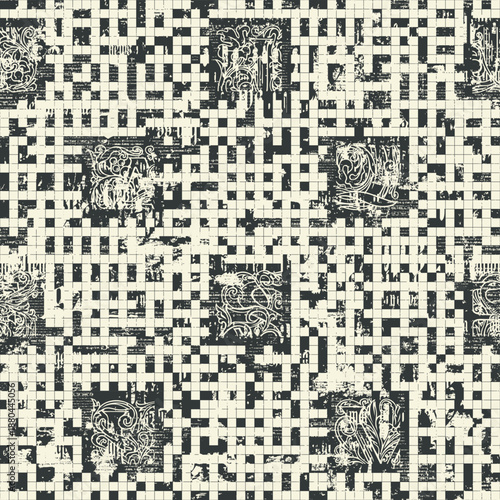 Seamless pattern with crosswords, capital letters and decorations. Literature theme. Fabric, wallpaper, wrapping paper, tile. Bookshop signboard. Magazine page. Endpaper. No ai 