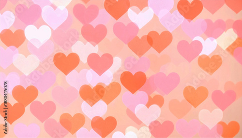 Soft focus abstract valentine love hearts bokeh background in shades of pink and orange